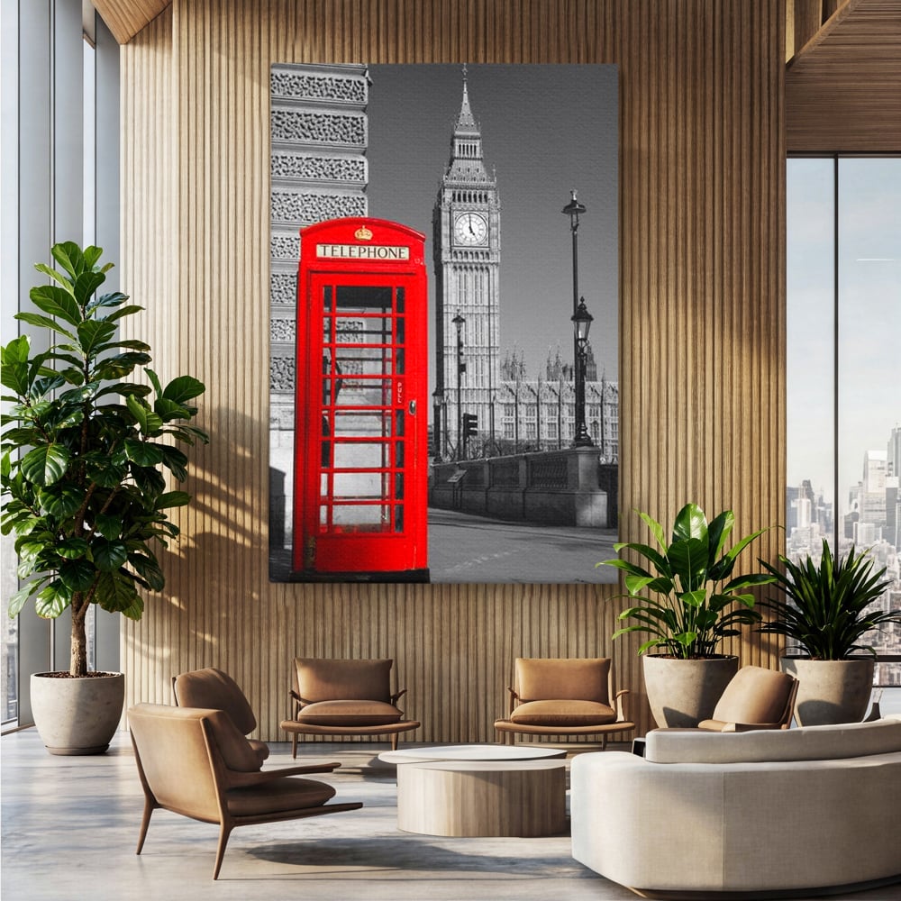 Tablou canvas cu tablou canvas cu cabina rosie si big ben, fara rama, pe sasiu de lemn, pe perete intr-un birou